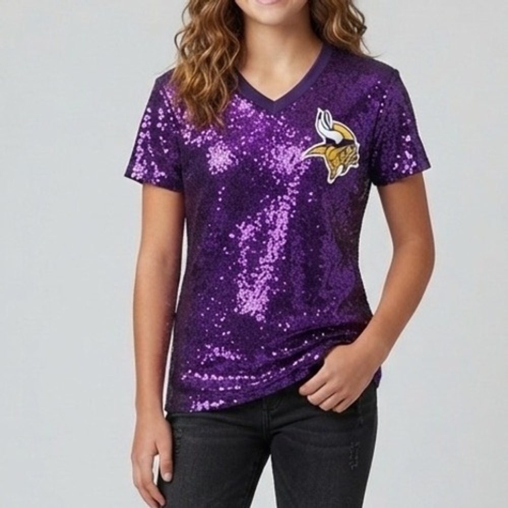 NFL Team Apparel Minnesota Vikings Girls Purple Sequin V-Neck b Shirt Size Large